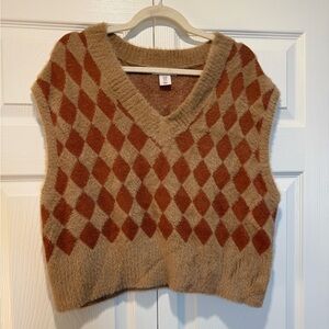 Sincerely Jules V-Neck Argyle Sweater Vest in Brown and Tan